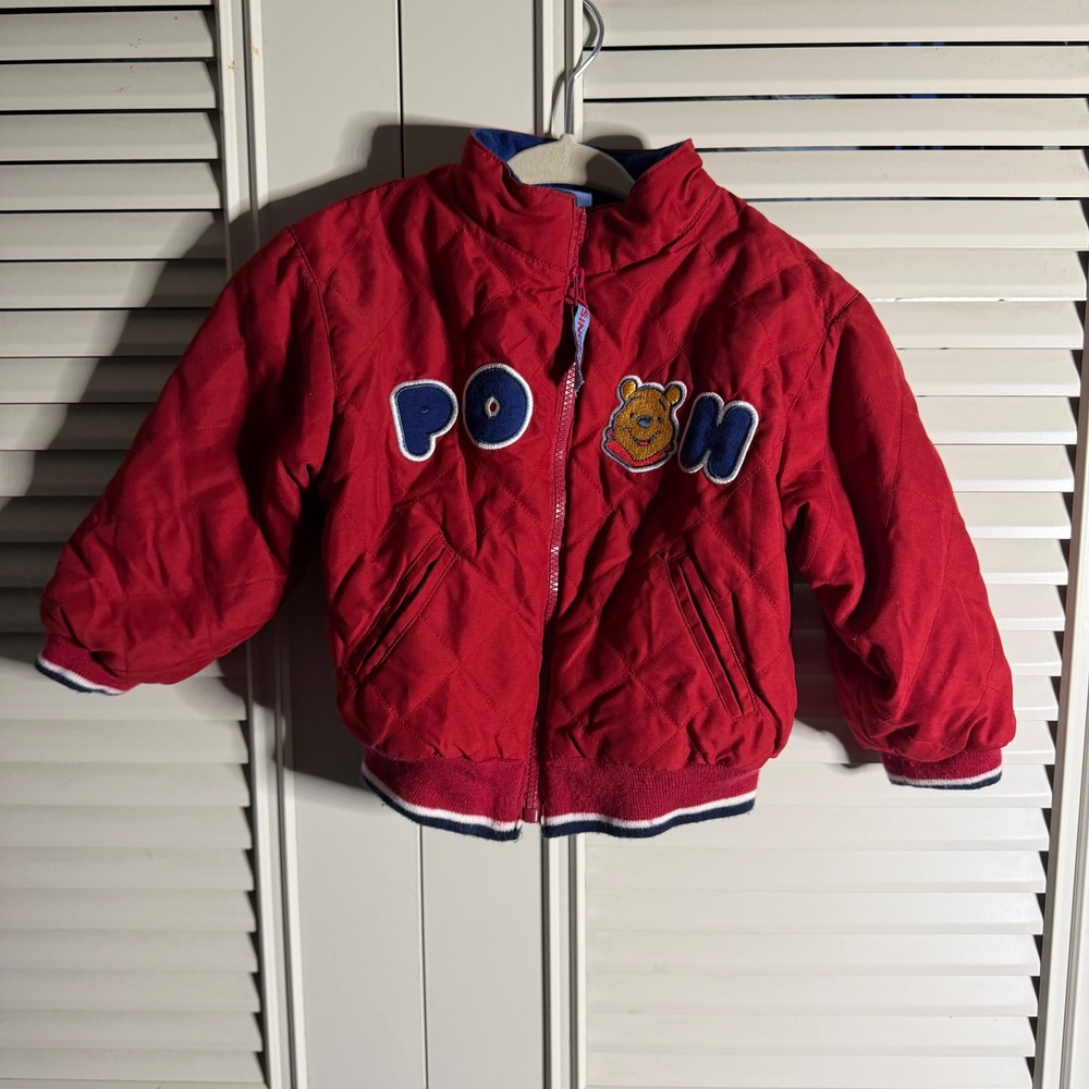 Disney Baby Winnie The Pooh Red Quilted Puffer Jacket Bomber 18M Vintage Style